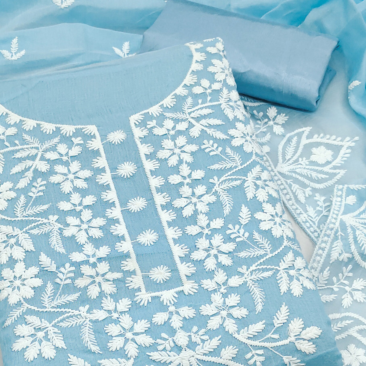Designer Blue Floral Thread Embroidered Chanderi Cotton Dress Material