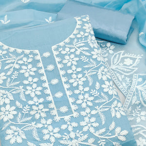 Designer Blue Floral Thread Embroidered Chanderi Cotton Dress Material