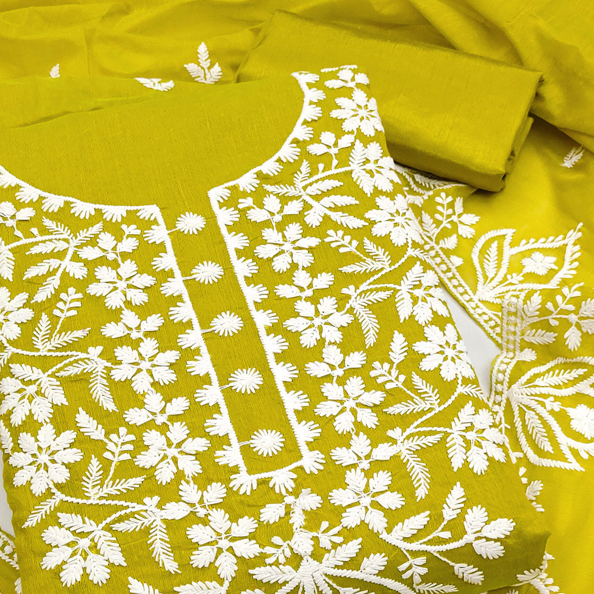 Designer Lemon Yellow Floral Thread Embroidered Chanderi Cotton Dress Material