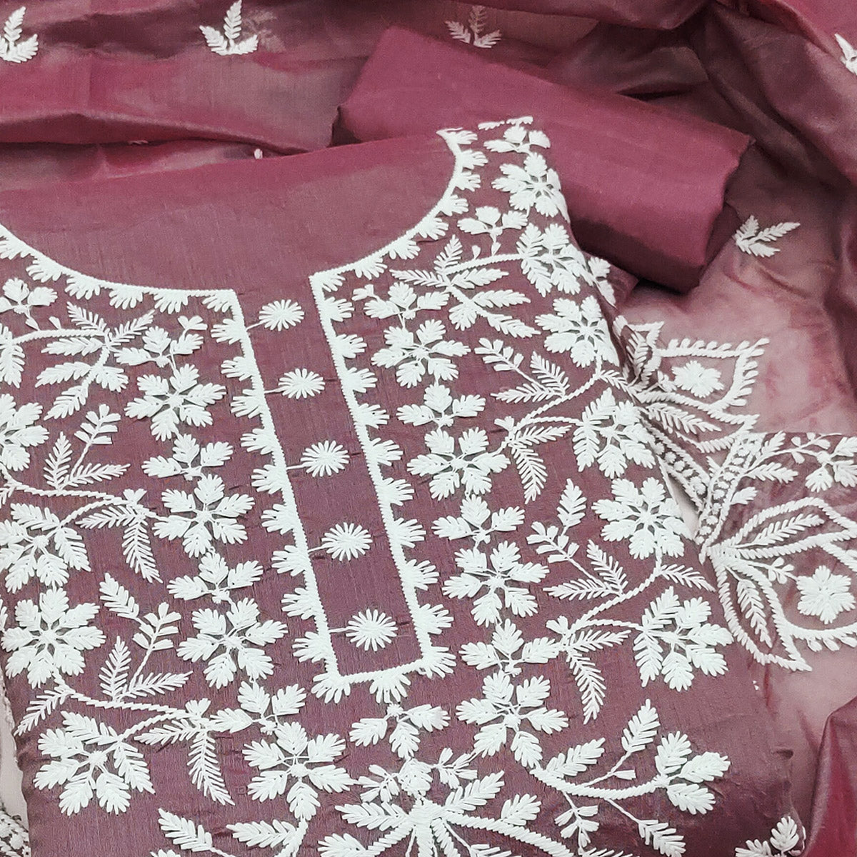 Designer Mauve Floral Thread Embroidered Chanderi Cotton Dress Material
