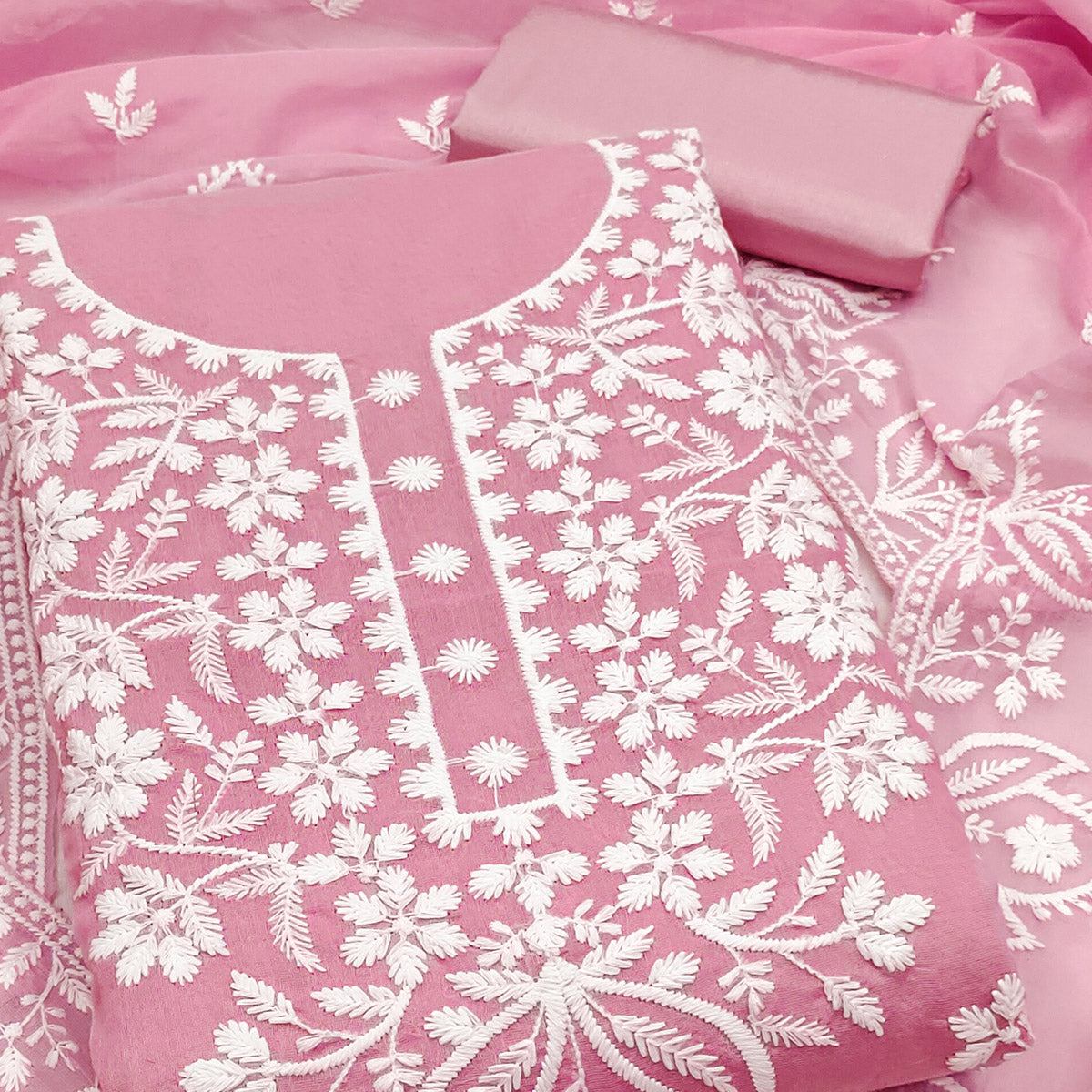 Designer Pink Floral Thread Embroidered Chanderi Cotton Dress Material
