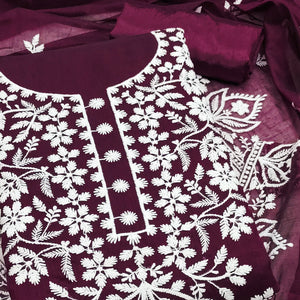 Designer Wine Floral Thread Embroidered Chanderi Cotton Dress Material