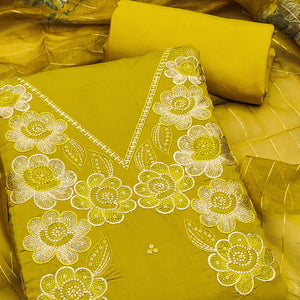 Ethnic Mustard Floral Thread Embroidered Roman Cotton Silk Dress Material With Subtle Sequins Work