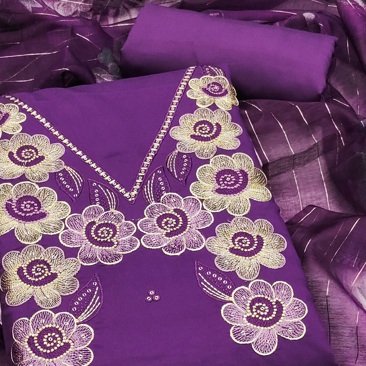 Ethnic Purple Floral Thread Embroidered Roman Cotton Silk Dress Material With Subtle Sequins Work