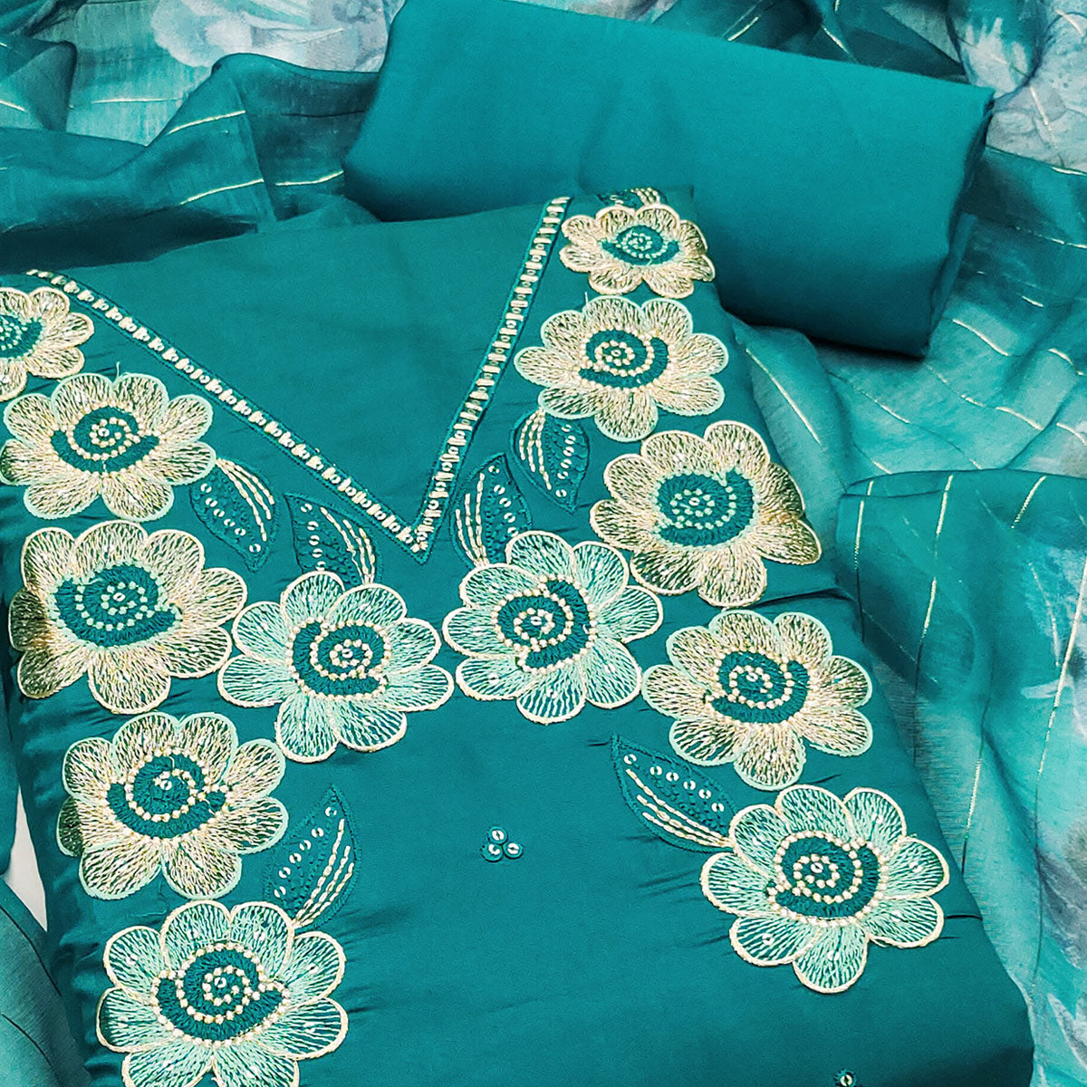 Ethnic Teal Floral Thread Embroidered Roman Cotton Silk Dress Material With Subtle Sequins Work