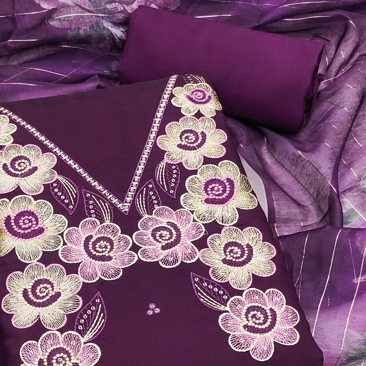 Ethnic Wine Floral Thread Embroidered Roman Cotton Silk Dress Material With Subtle Sequins Work