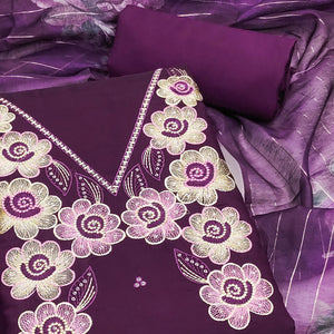 Ethnic Wine Floral Thread Embroidered Roman Cotton Silk Dress Material With Subtle Sequins Work