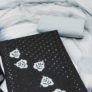 Black Cotton Blend Dress Material Featuring Thread Embroidery & Sequins Embellishment