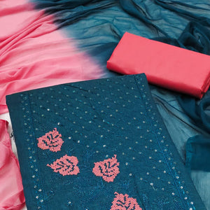 Morpich Blue Cotton Blend Dress Material Featuring Thread Embroidery & Sequins Embellishment