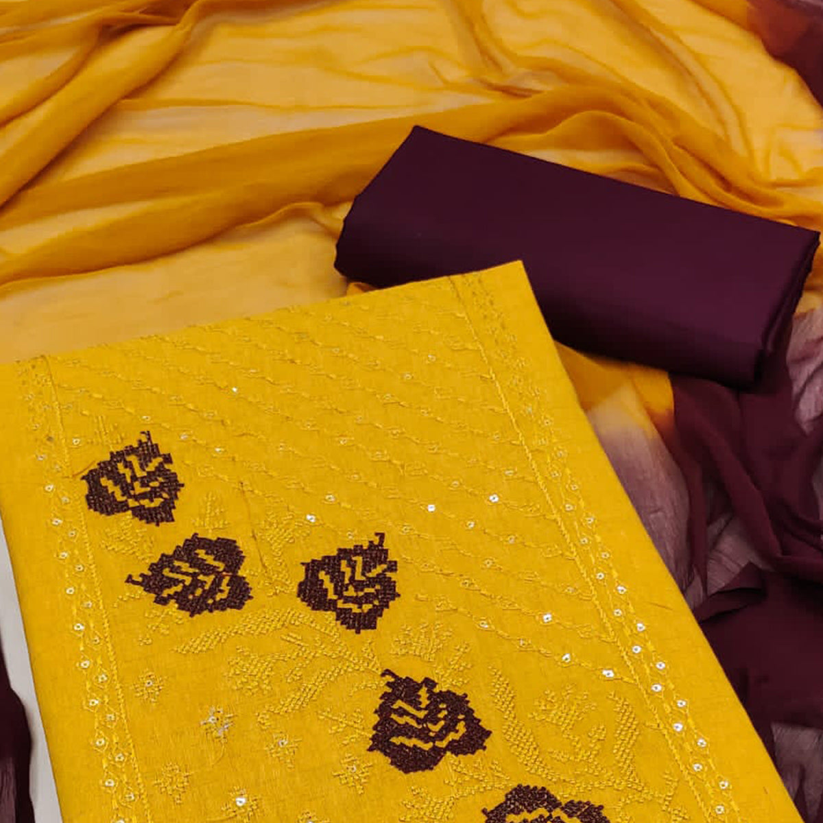 Mustard Cotton Blend Dress Material Featuring Thread Embroidery & Sequins Embellishment