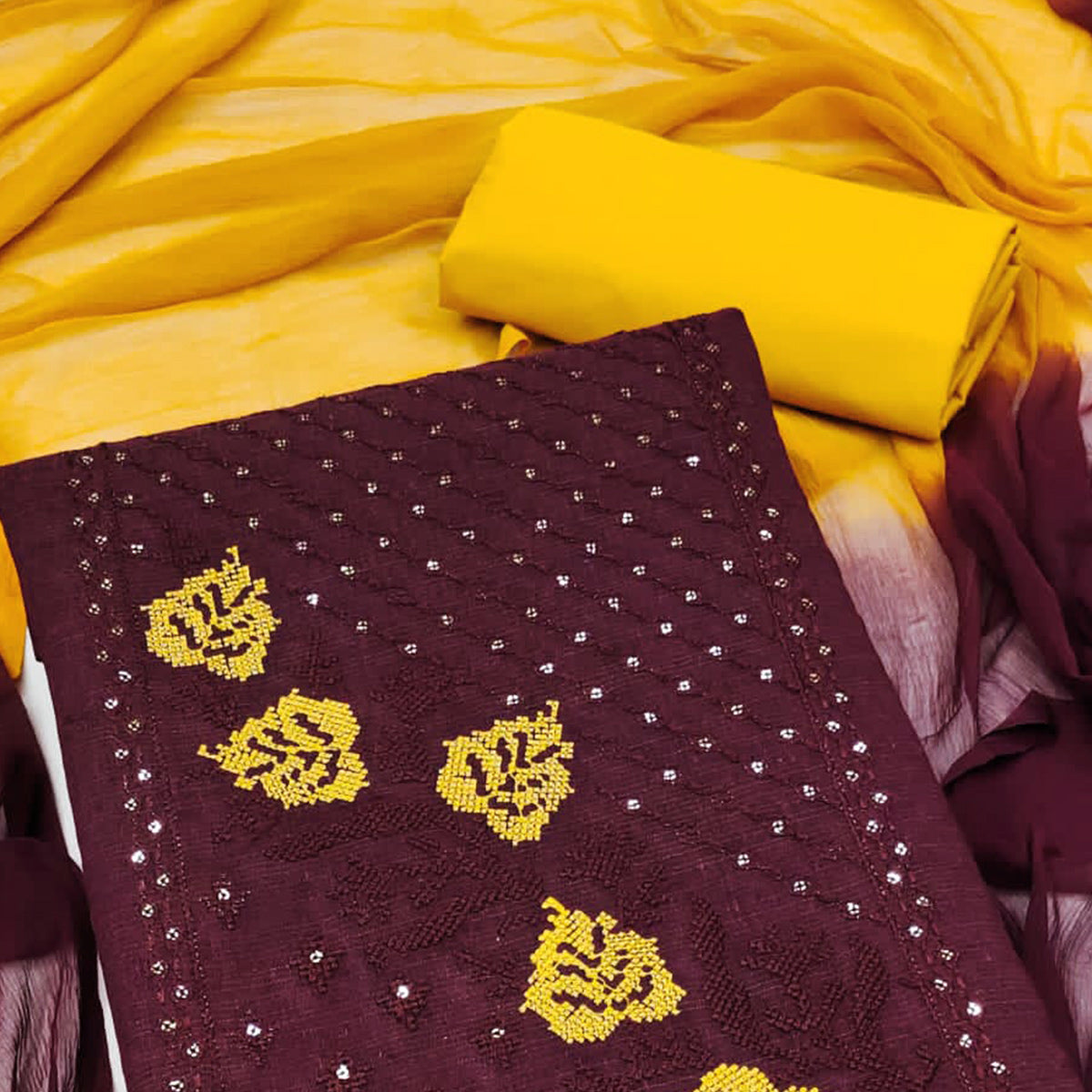 Wine Cotton Blend Dress Material Featuring Thread Embroidery & Sequins Embellishment