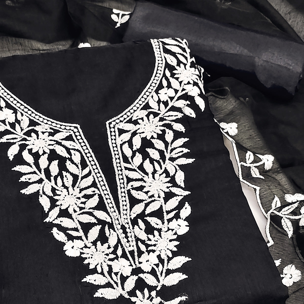 Black Chanderi Cotton Dress Material With Delicate Floral Thread Embroidery