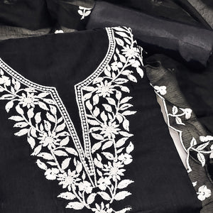 Black Chanderi Cotton Dress Material With Delicate Floral Thread Embroidery