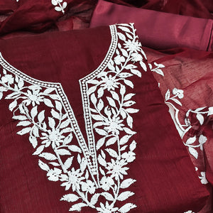 Maroon Chanderi Cotton Dress Material With Delicate Floral Thread Embroidery