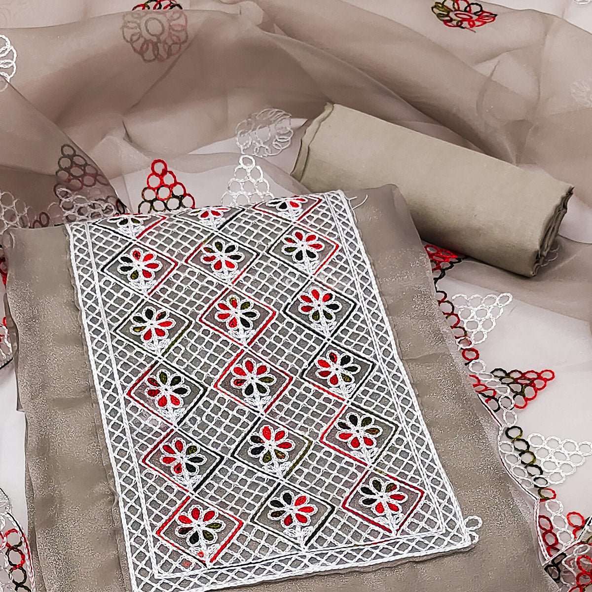 Grey Floral Embroidered Organza Dress Material