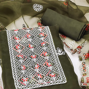 Mehendi Green Floral Embroidered Organza Dress Material