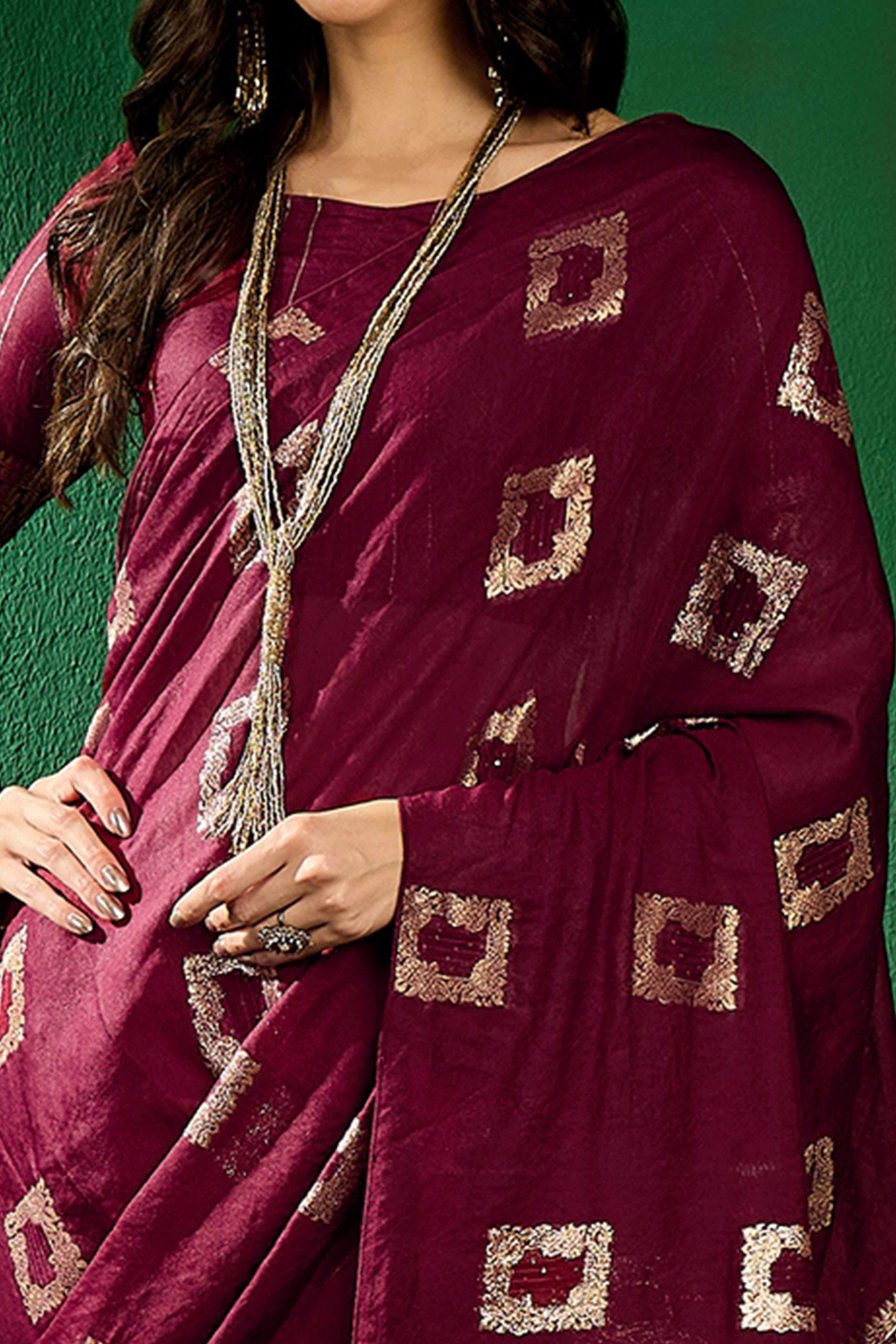 Dark Wine Woven Staple Cotton Blend Saree With Intricate Floral Motifs & Tassel-Embellished Pallu