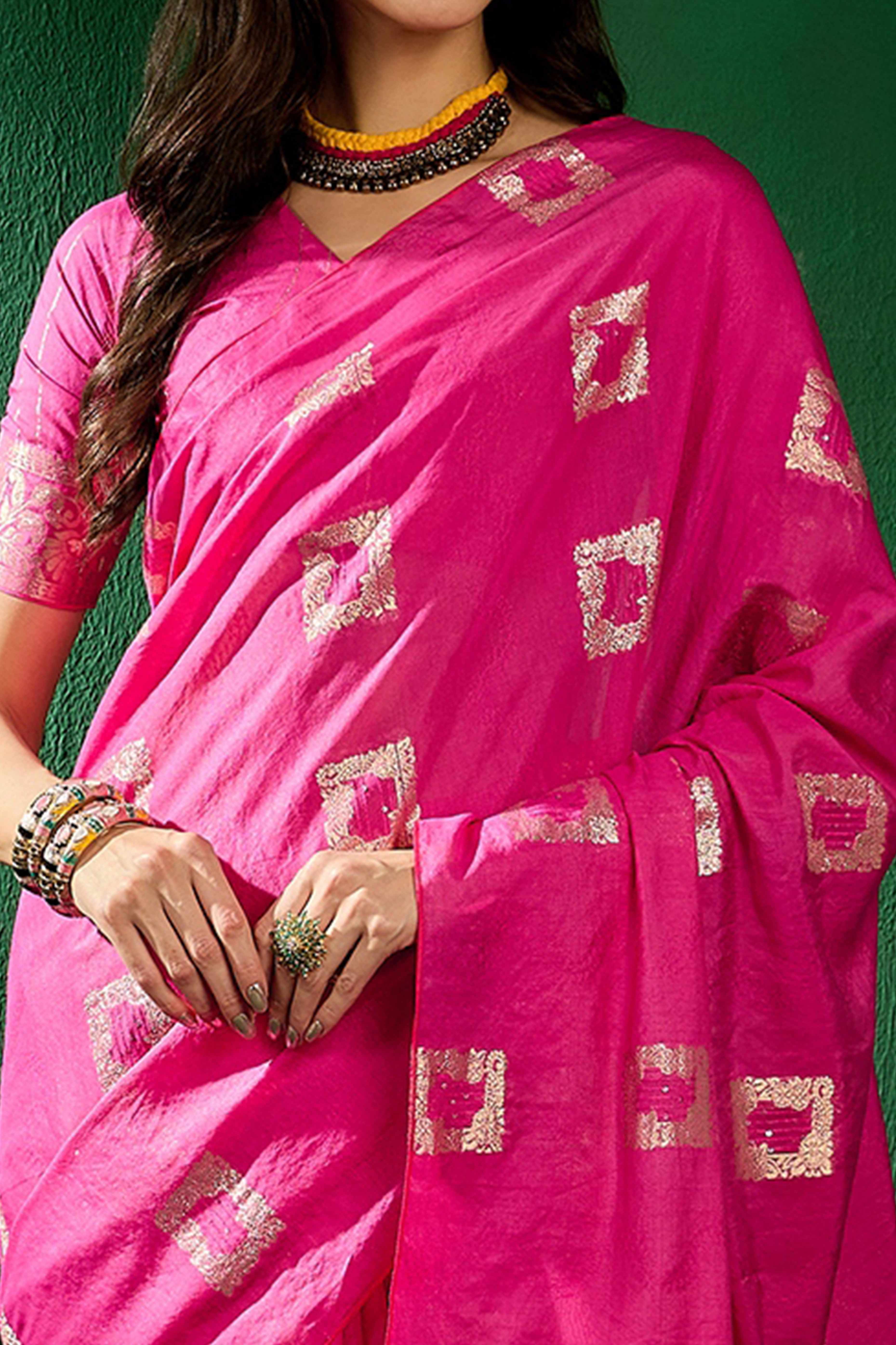 Rani Pink Woven Staple Cotton Blend Saree With Intricate Floral Motifs & Tassel-Embellished Pallu