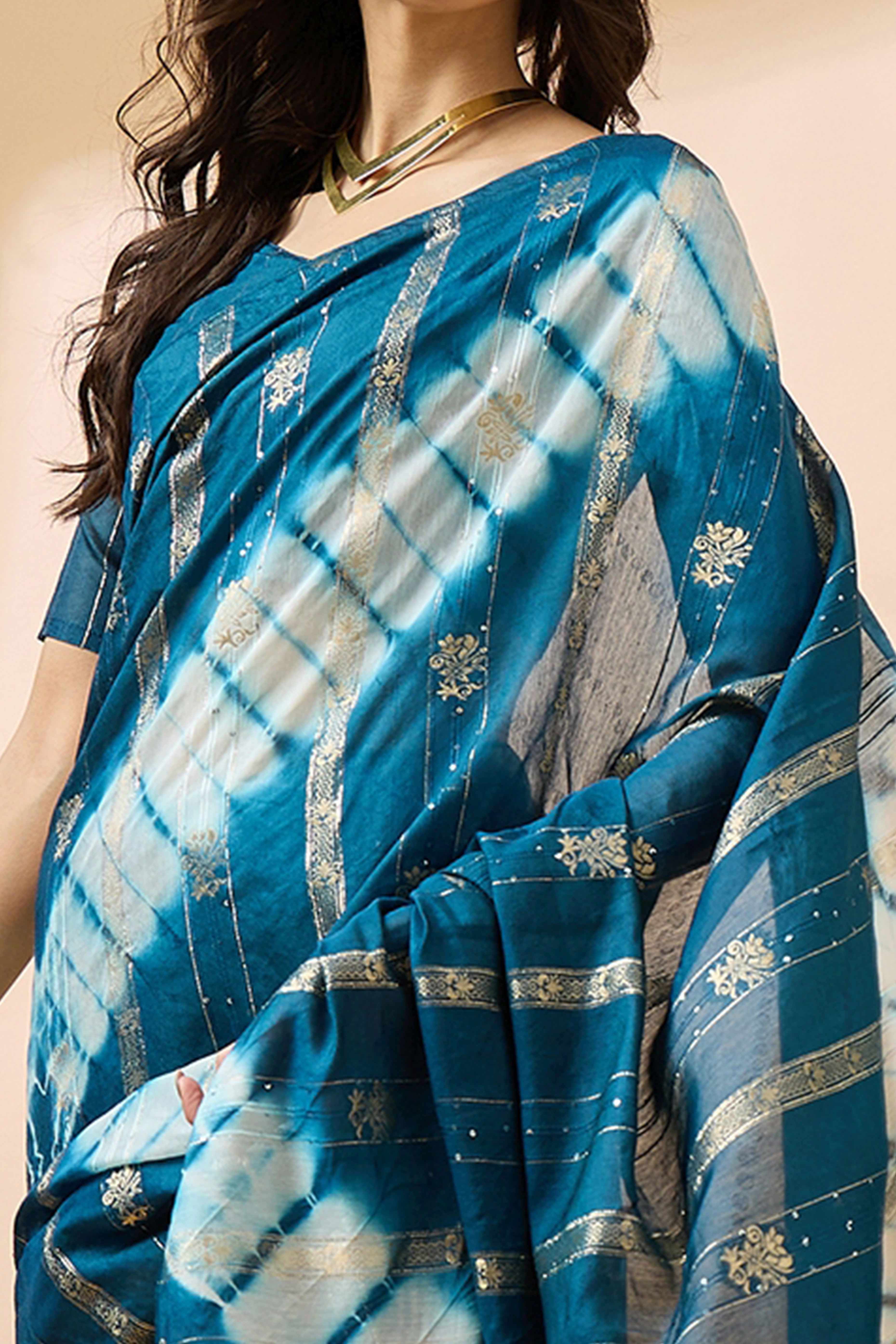 Blue Floral Woven Staple Cotton Blend Saree Highlighted With Sequins Embroidery & Tasselled Pallu