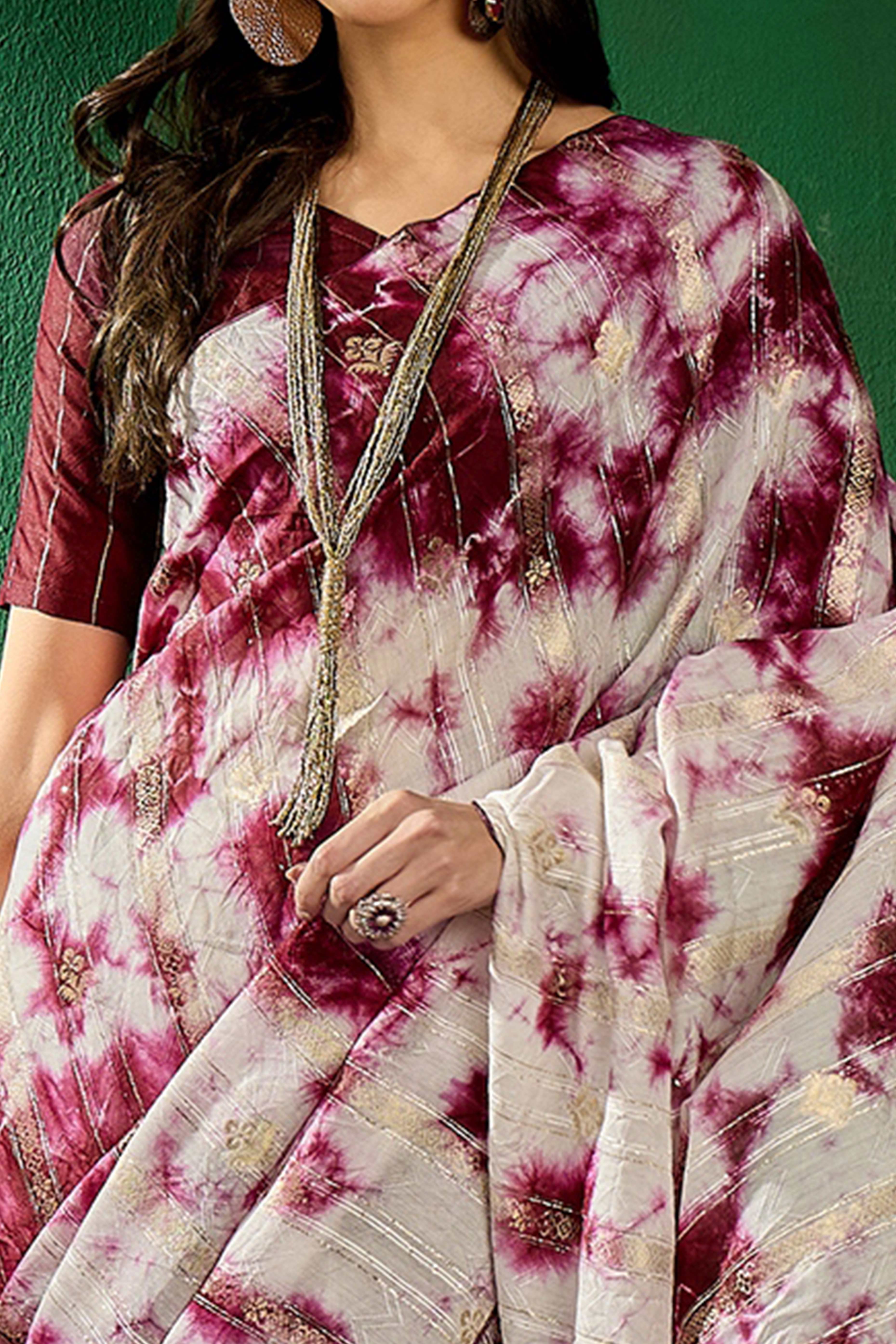 Floral Zari Woven Wine Saree In Cotton Blend With Sparkling Sequins & Elegant Tassel Pallu