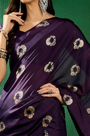 Dark Purple Cotton Blend Meena Jacquard Saree Enhanced With Floral Weaving & Tassel Pallu