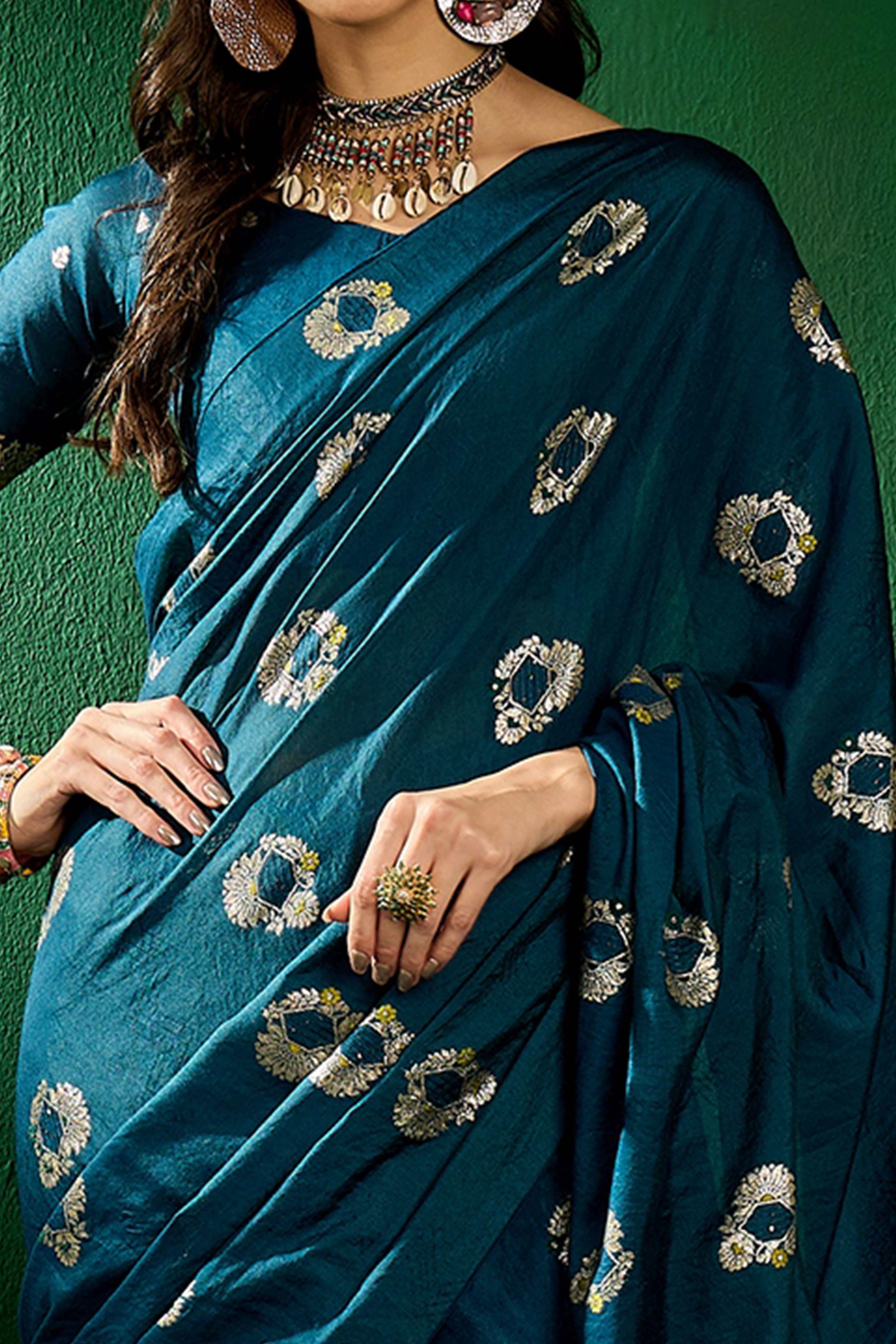 Morpich Blue Cotton Blend Meena Jacquard Saree Enhanced With Floral Weaving & Tassel Pallu