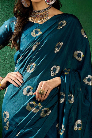 Morpich Blue Cotton Blend Meena Jacquard Saree Enhanced With Floral Weaving & Tassel Pallu