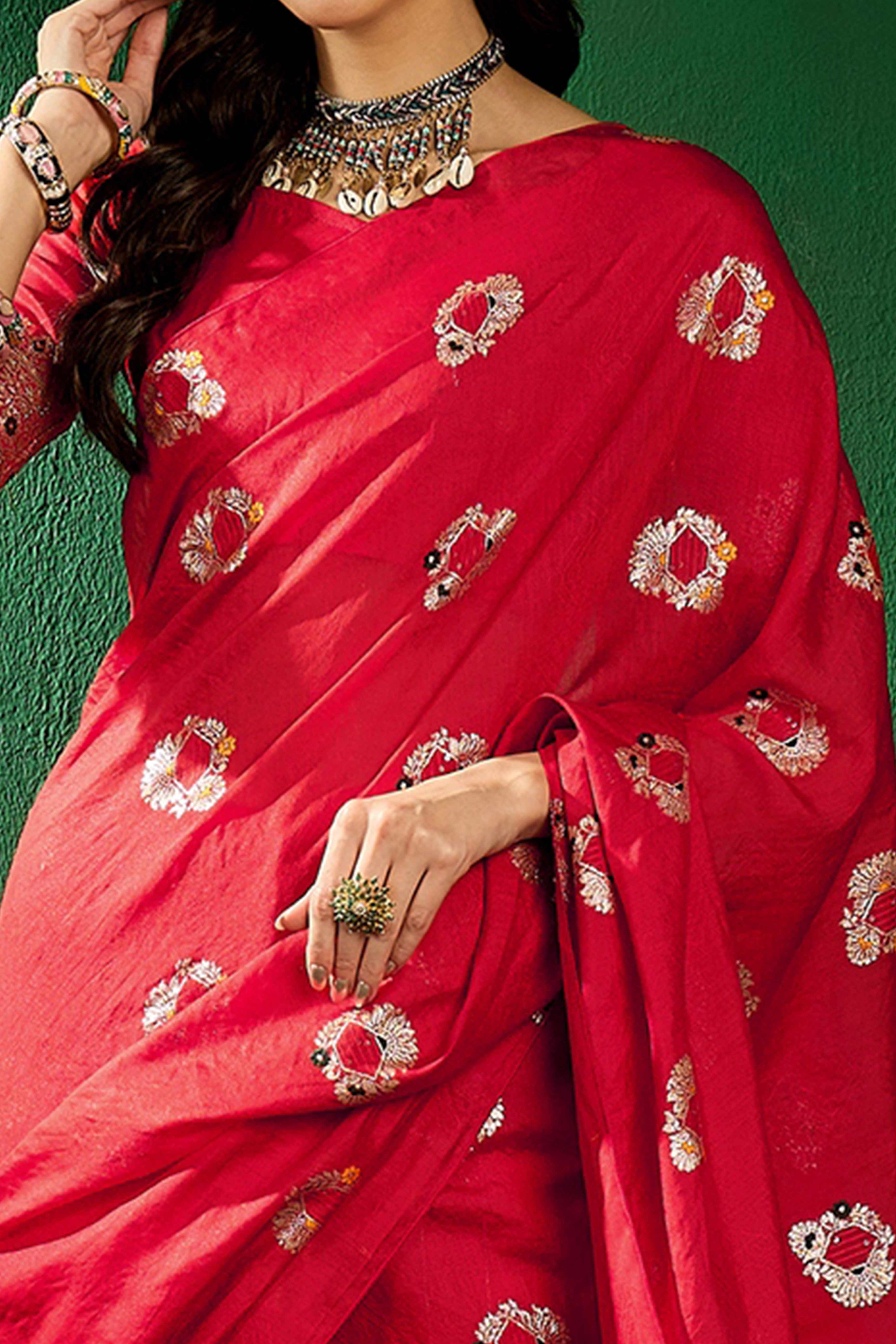 Red Cotton Blend Meena Jacquard Saree Enhanced With Floral Weaving & Graceful Tassel Pallu