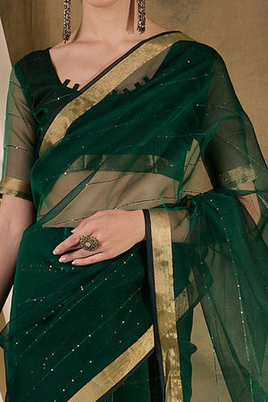 Green Organza Silk Saree Featuring Shimmering Sequins Embroidery & Elegant Tasselled Pallu