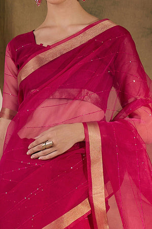 Pink Organza Silk Saree Featuring Shimmering Sequins Embroidery & Elegant Tasselled Pallu