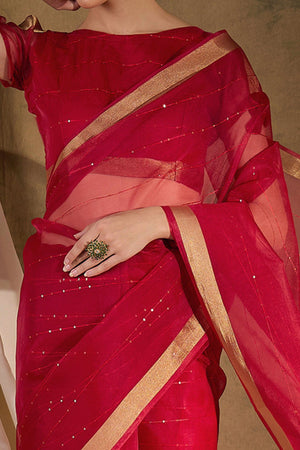 Red Organza Silk Saree Featuring Shimmering Sequins Embroidery & Elegant Tasselled Pallu