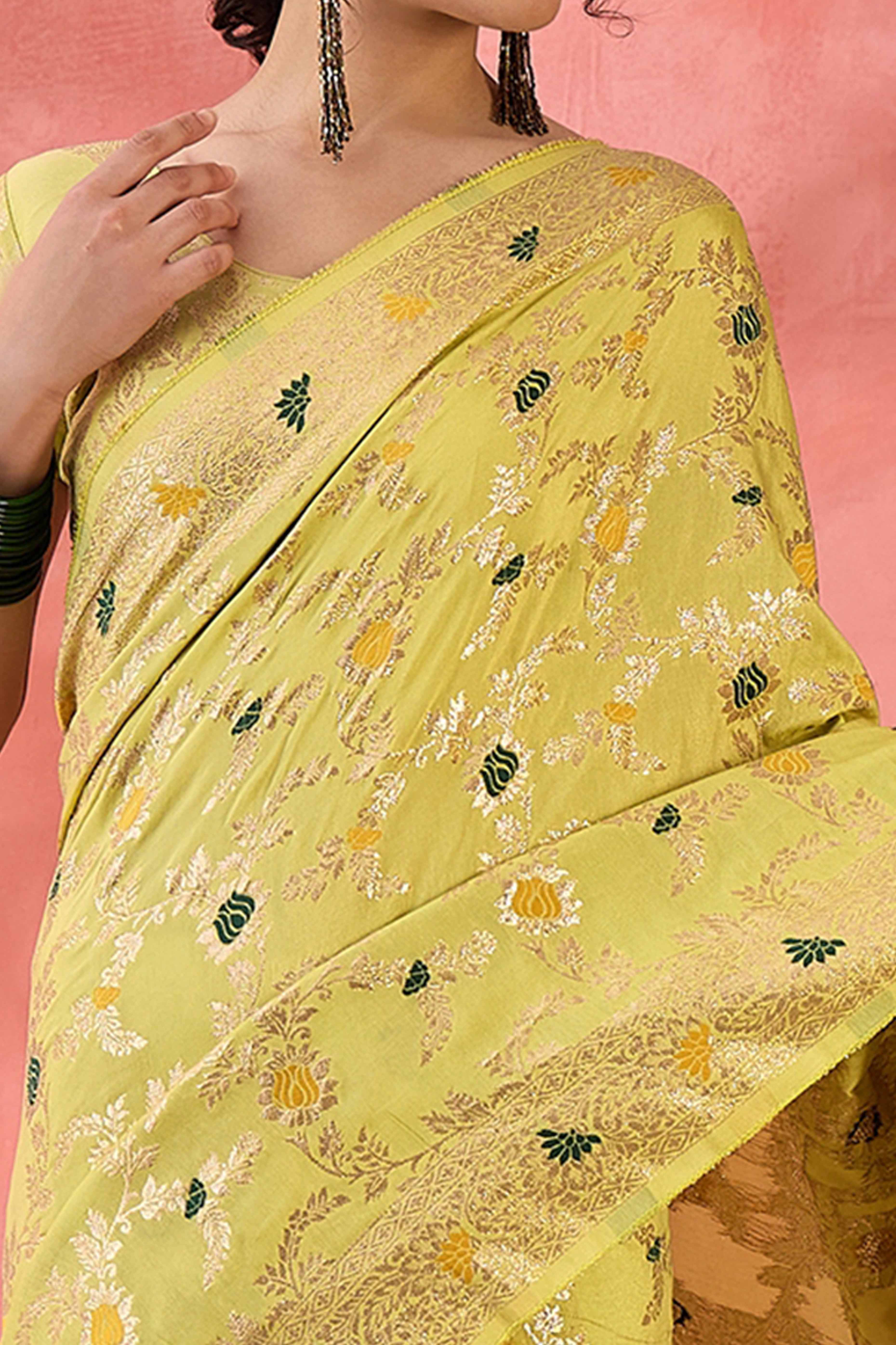 Light Yellow Cotton Blend Jacquard Saree Featuring Intricate Floral Weaving & Tassels On The Pallu