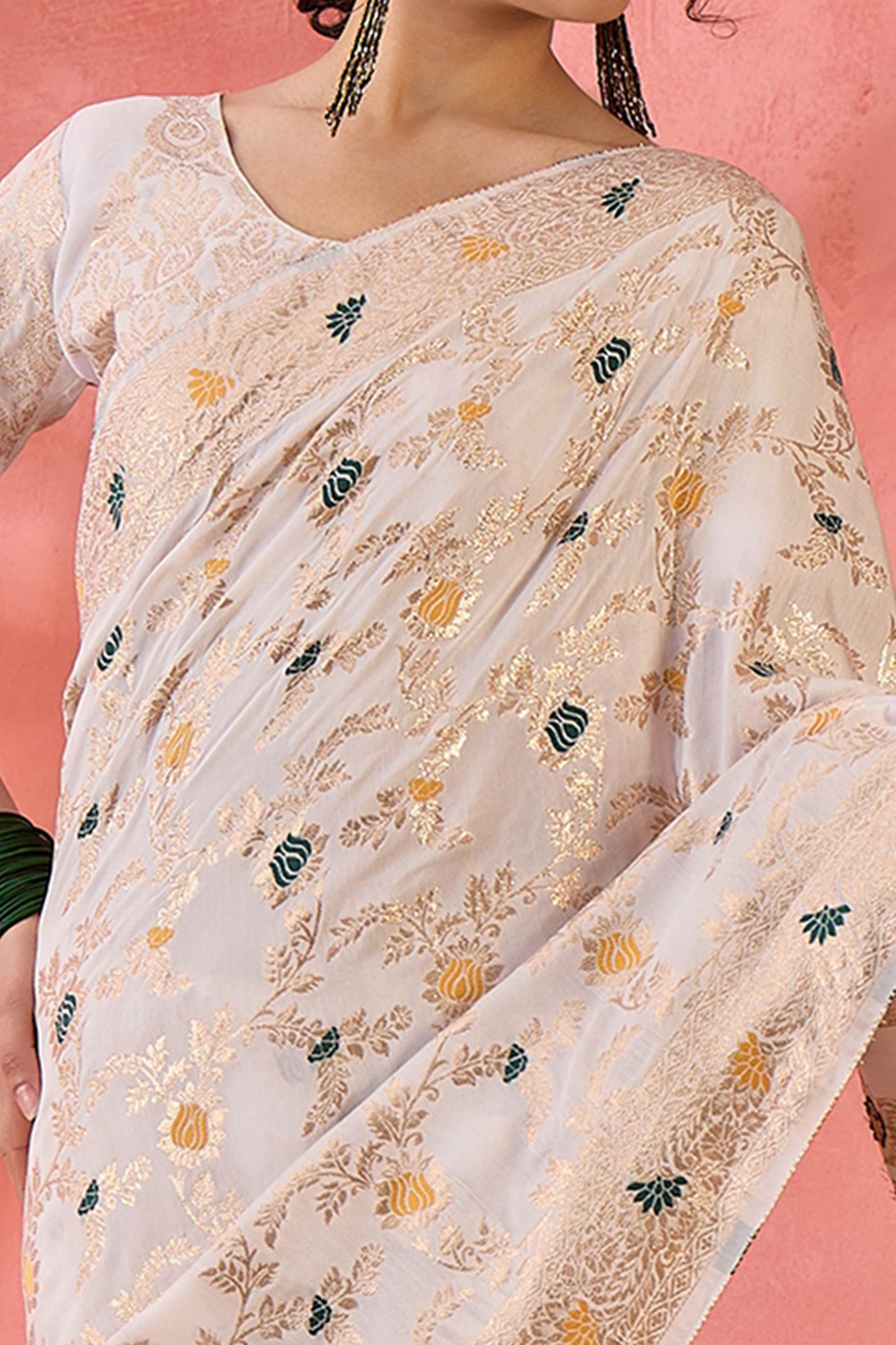 Offwhite Cotton Meena Jacquard Saree Featuring Intricate Floral Weaving & Tassels On The Pallu