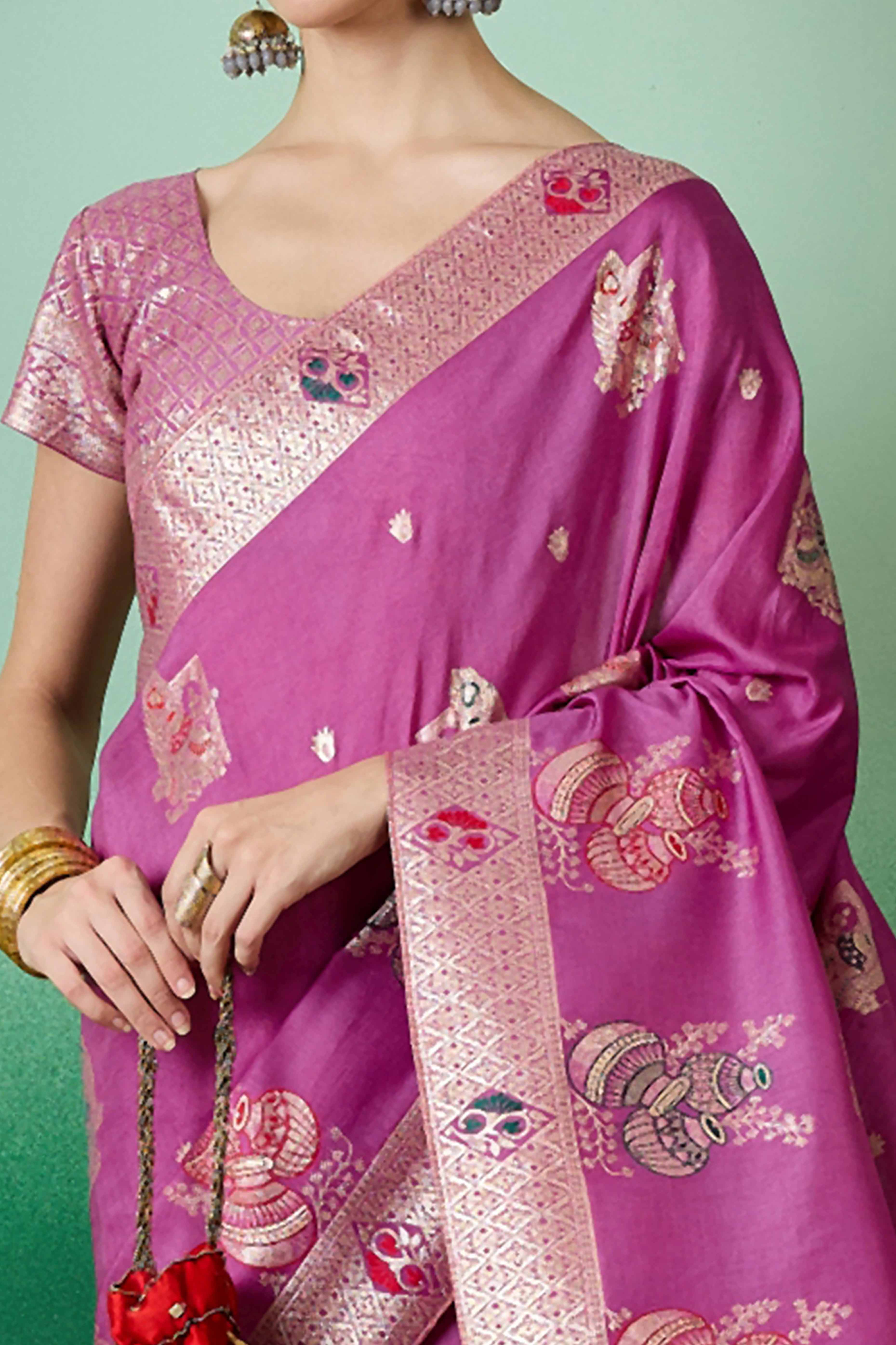 Magenta Cotton Blend Saree Adorned With Floral Zari Weaving & Soft Tassel Accents