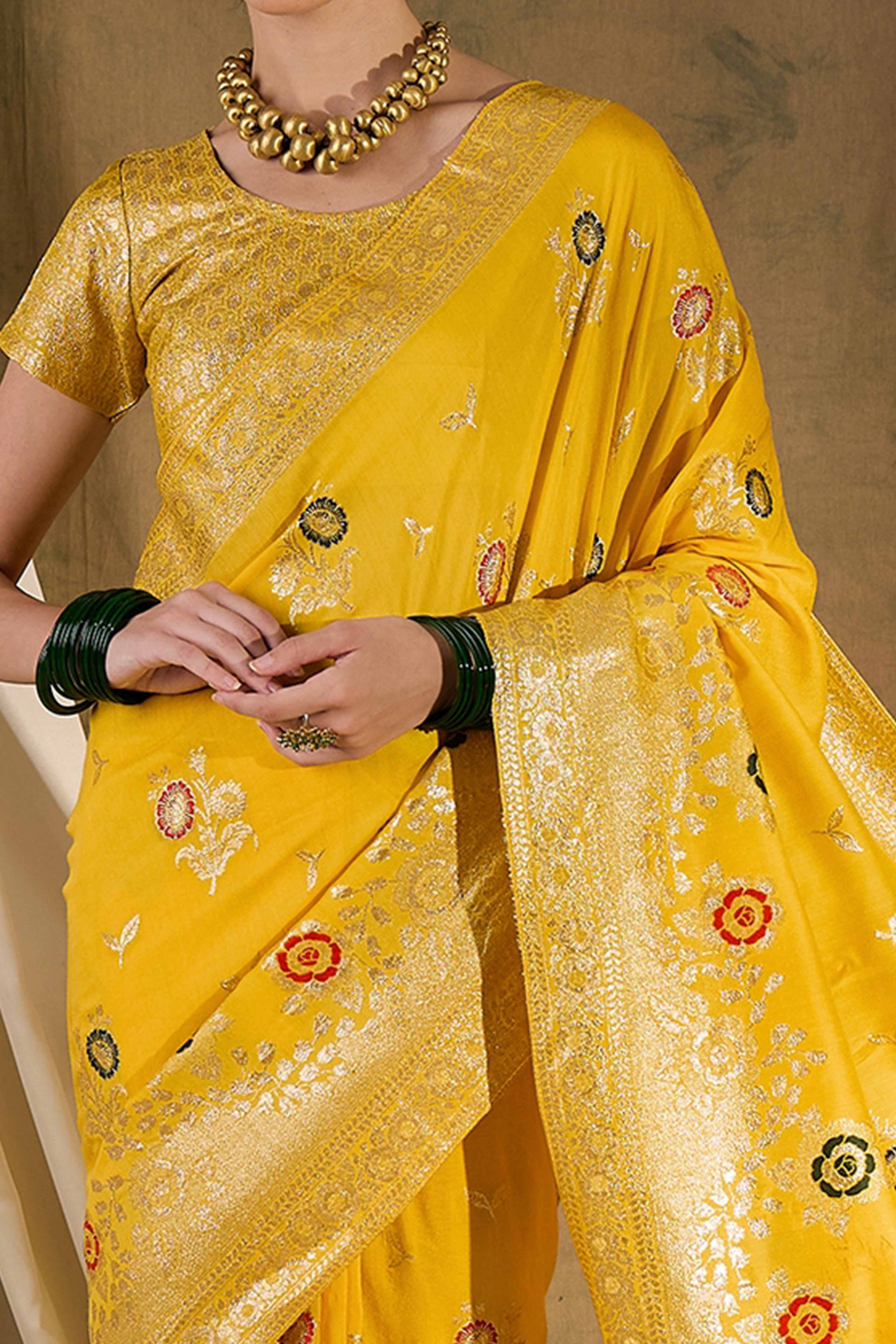 Yellow Cotton Blend Saree Embellished With Floral Zari Weaving & Tasselled Pallu