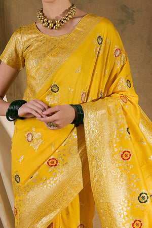 Yellow Cotton Blend Saree Embellished With Floral Zari Weaving & Tasselled Pallu