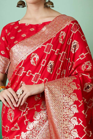 Red Zari Woven Staple Cotton Blend Saree With Floral Motifs & Tassel Detailed Pallu