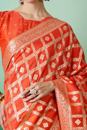 Orange Jacquard Saree In Cotton Blend Featuring Elegant Floral Weaving & A Tasselled Pallu