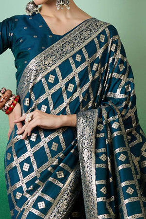 Rich Teal Blue Jacquard Saree In Cotton Blend Featuring Elegant Floral Weaving & A Tasselled Pallu