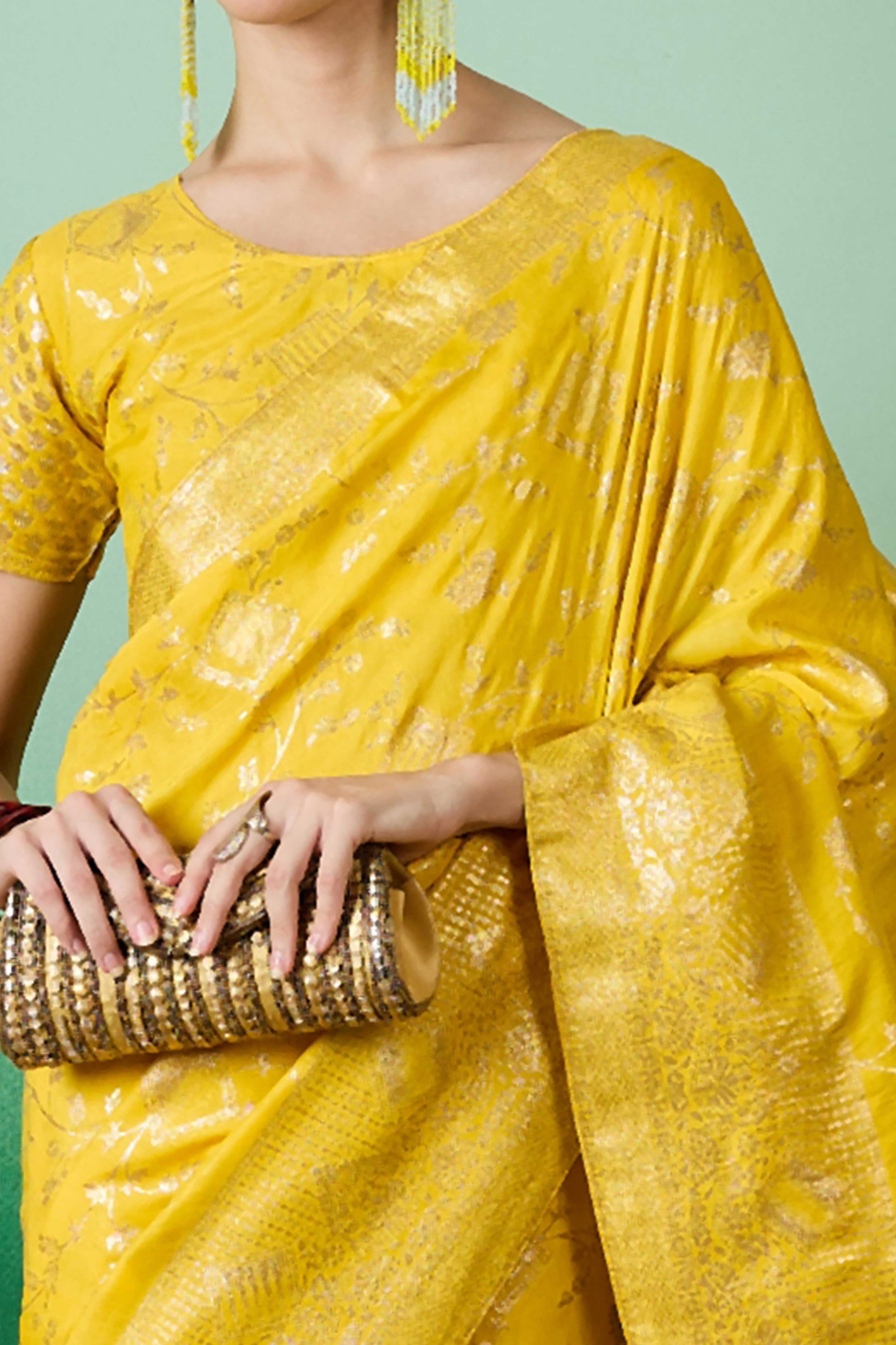 Yellow Cotton Blend Saree With Intricate Floral Zari Weaving & Soft Tassel