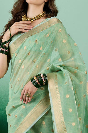 Green Khadi Organza Saree Embellished With Traditional Zari Work & Tassels
