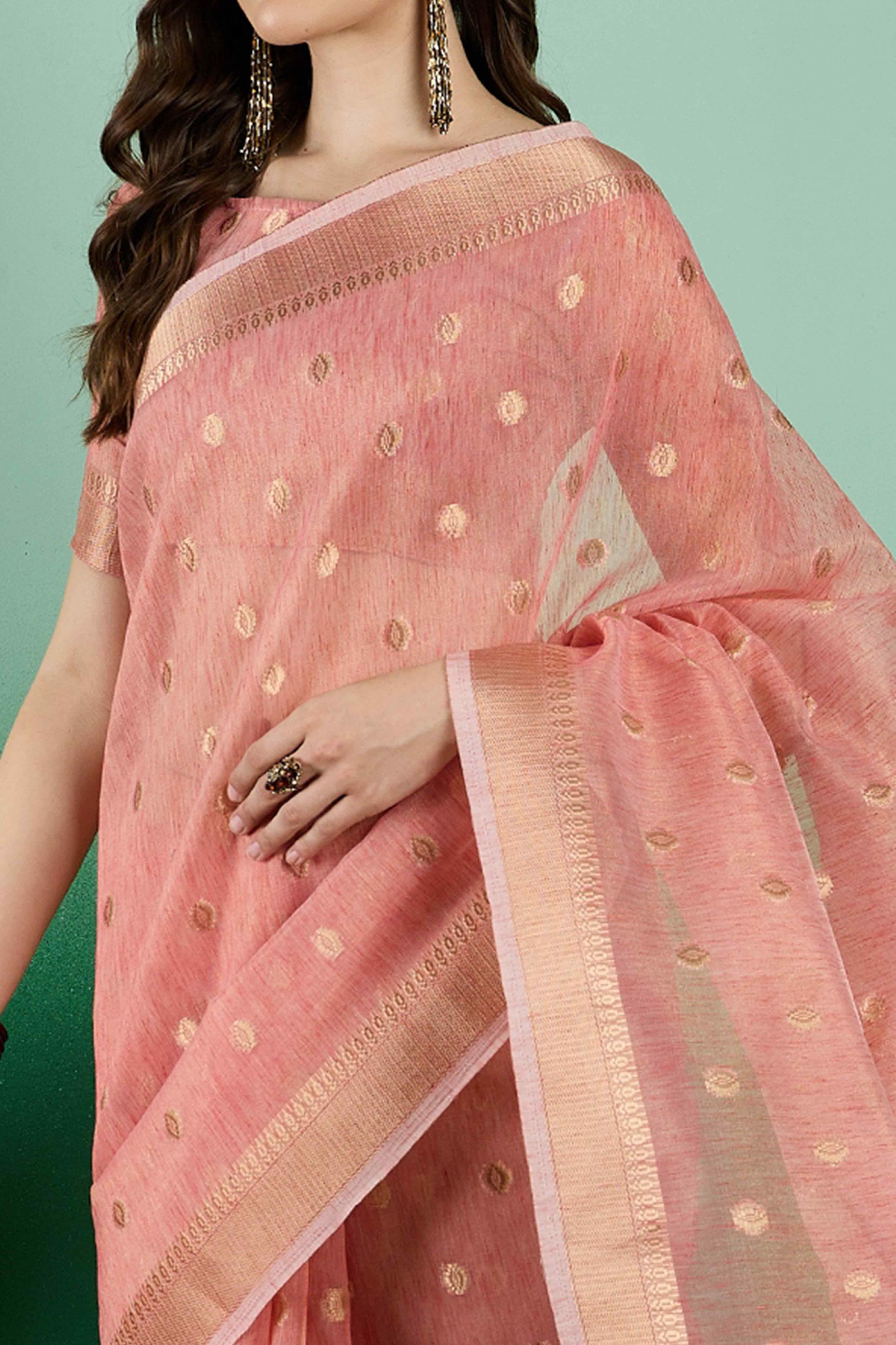 Peach Khadi Organza Saree Embellished With Traditional Zari Work & Tassels