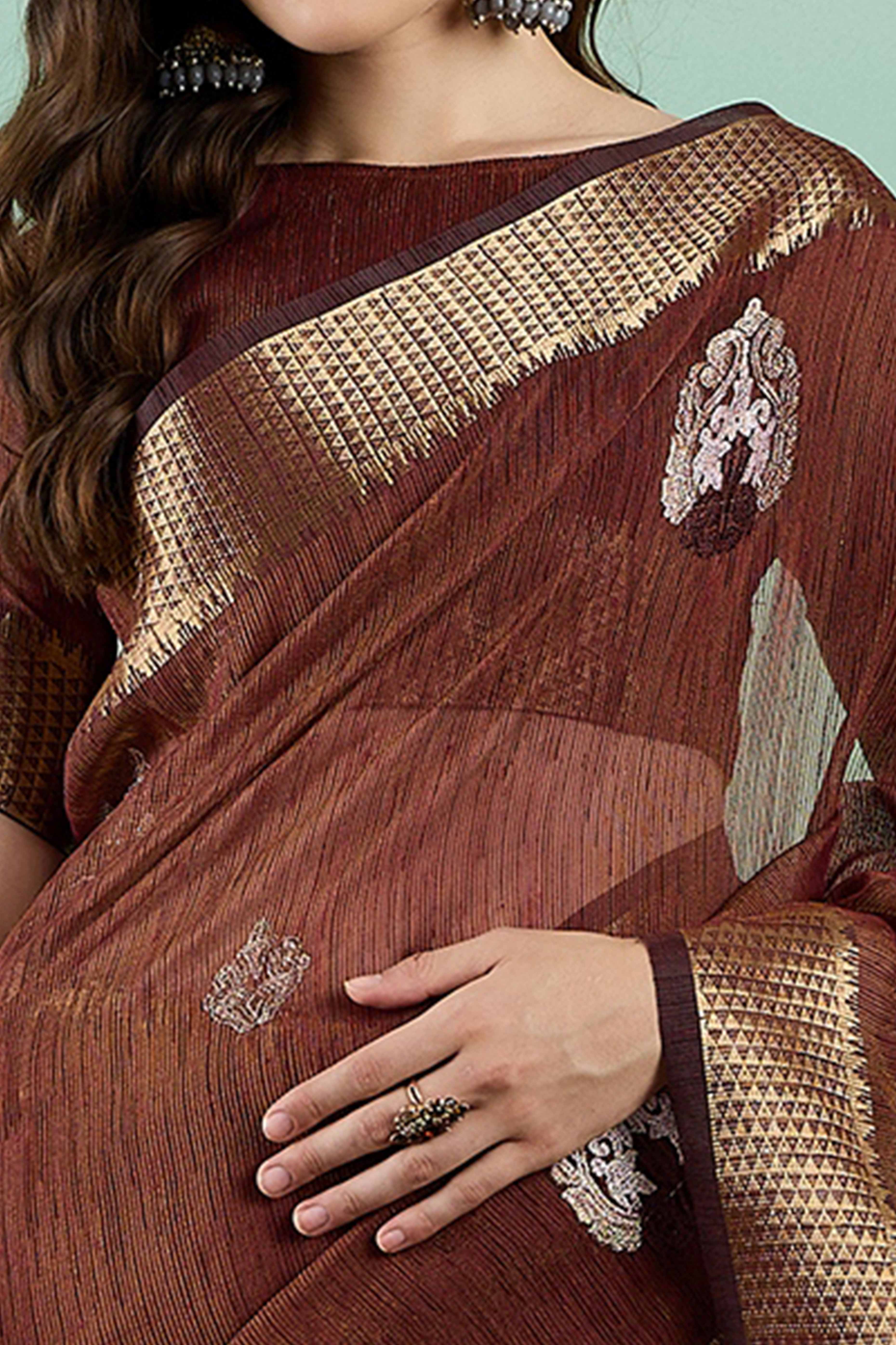 Brown Khadi Organza Saree Adorned With Elegant Embroidery & Tassel Pallu