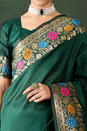 Green Saree In Poly Silk Blend Featuring Floral Zari Weaving & Tassel Accents