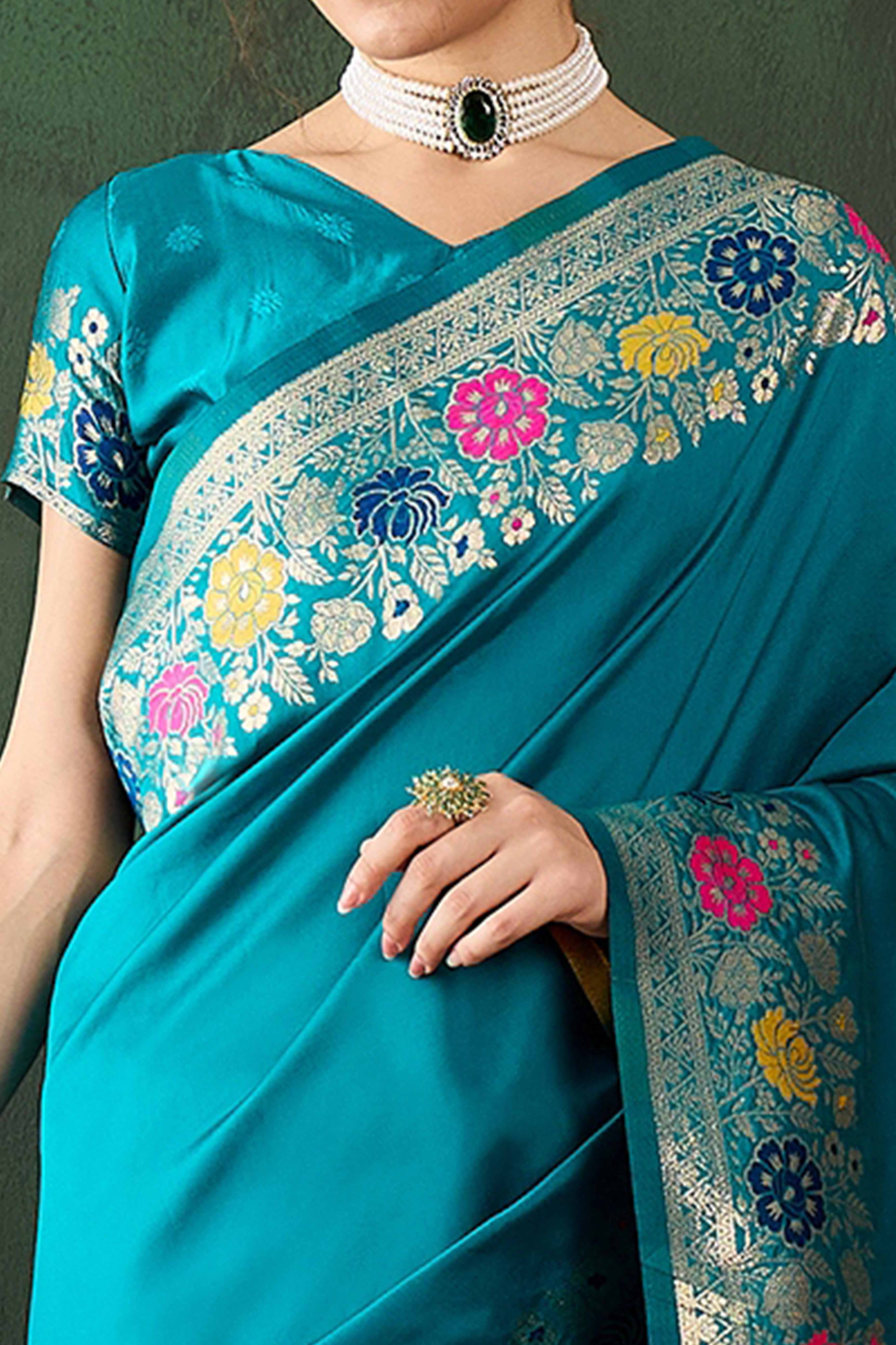 Rama Blue Saree In Poly Silk Blend Featuring Floral Zari Weaving & Tassel Accents