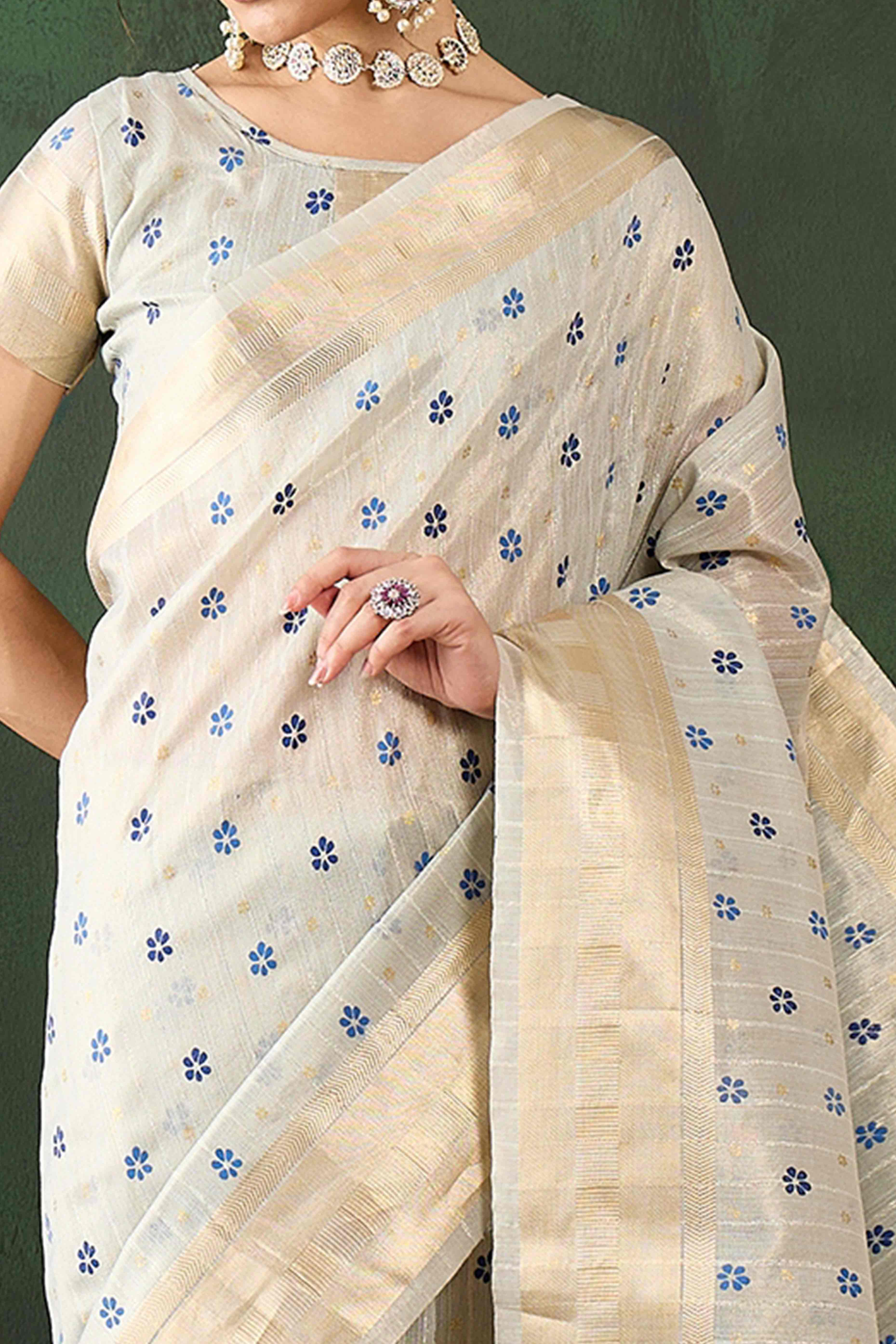 Blue Saree In Khadi Organza Featuring Floral Prints & Intricate Weaving