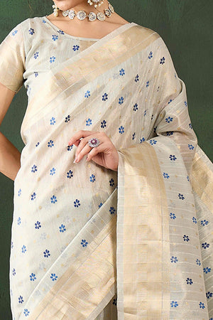 Blue Saree In Khadi Organza Featuring Floral Prints & Intricate Weaving