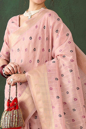 Pink Saree In Khadi Organza Featuring Floral Prints & Intricate Weaving