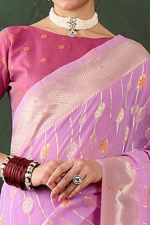 Lavender Cotton Blend Saree Adorned With Intricate Floral Zari Weaving & A Stylish Tassel Pallu