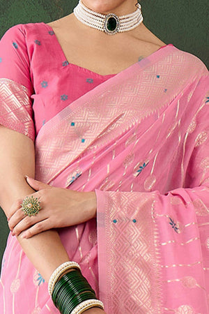 Pink Cotton Blend Saree Adorned With Intricate Floral Zari Weaving & A Stylish Tassel Pallu